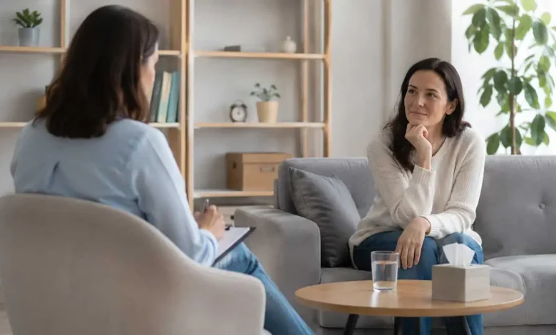 Two women in a therapy session seated on a sofa, one taking notes on a clipboard while the other listens thoughtfully.